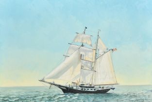 Michael Wood (20th Century).'The Black Pearl', a yacht with sails unfurled in open seas, oil on can