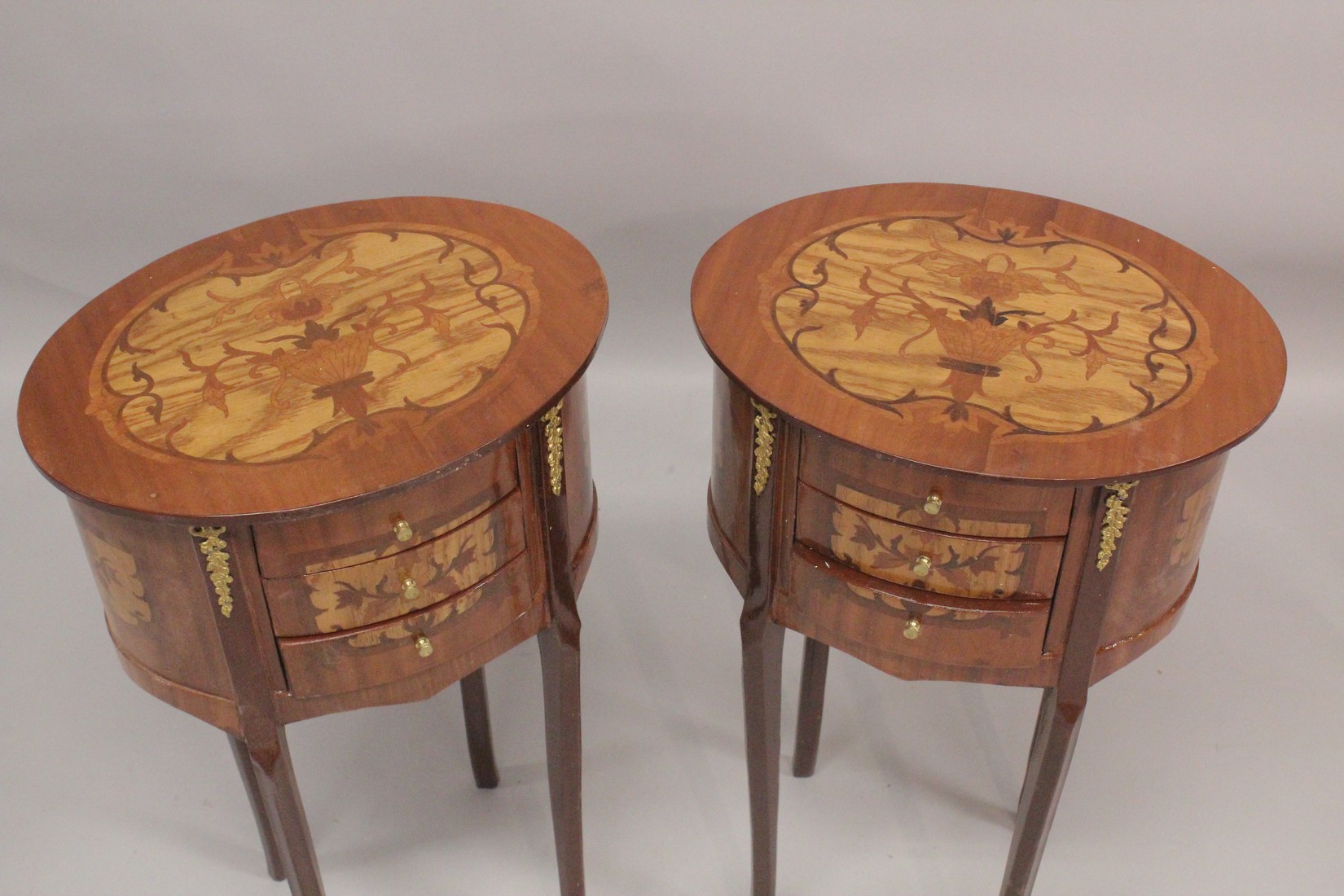 A GOOD PAIR OF LOUIS XVITH STYLE, INLAID OVAL SHAPED BEDSIDE CABINET with three drawers. 1ft 4ins - Image 2 of 2