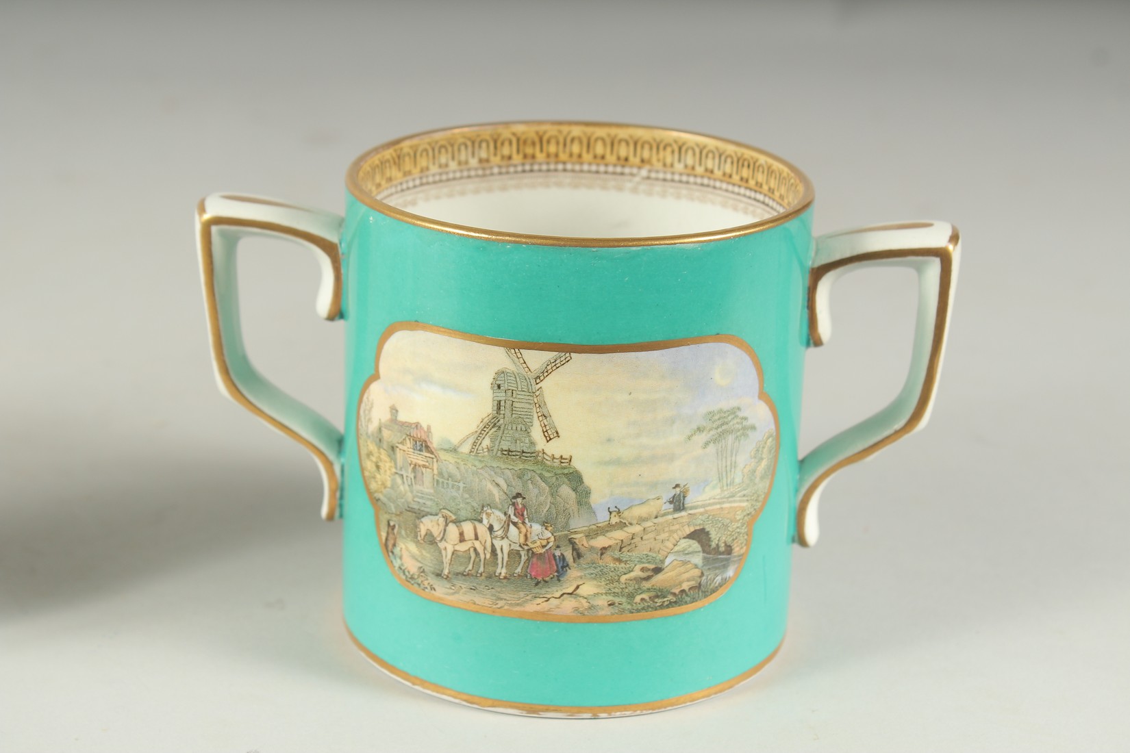 A PRATT WARE TWO HANDLED MUG AND A PLATE, Il Penseroso, 2ins high (2). - Image 5 of 8