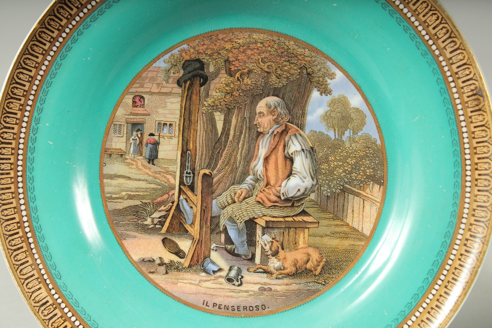 A PRATT WARE TWO HANDLED MUG AND A PLATE, Il Penseroso, 2ins high (2). - Image 3 of 8