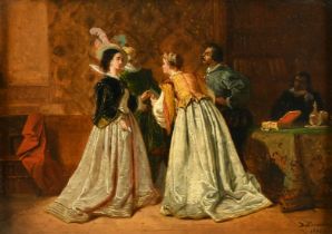 D' Haemer, Circa 1870, elegant figures conversing in a lavish interior, oil on canvas, signed and