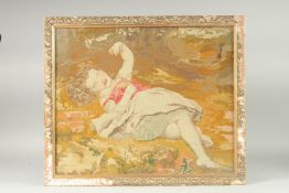 A FRAMED BRUSSELS NEEDLEWORK PICTURE of a young girl. 18.5 x 22.5ins.