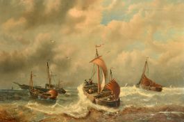 A. Musin, Circa 1868, a pair of oil on canvas scenes of leeboard sailboats on rolling seas near
