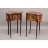 A GOOD PAIR OF LOUIS XVITH STYLE, INLAID KIDNEY SHAPED BEDSIDE CABINET with three drawers. 1ft