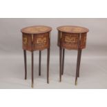 A GOOD PAIR OF LOUIS XVITH STYLE, INLAID OVAL SHAPED BEDSIDE CABINET with three drawers. 1ft 4ins