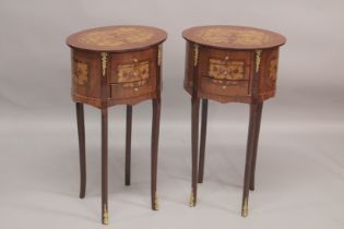 A GOOD PAIR OF LOUIS XVITH STYLE, INLAID OVAL SHAPED BEDSIDE CABINET with three drawers. 1ft 4ins