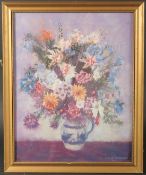 C.D. Bullough, A still life of mixed flowers in a blue and white jug, pastel, signed, 14.5" x 11.5",