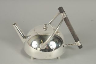 A CHRISTOPHER DRESSER STYLE SILVER PLATED, CIRCULAR, TEAPOT.