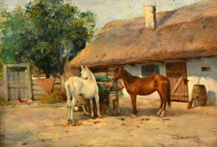 19th Century Continental School, a figure and two horses in a farmyard, oil on panel, indistinctly
