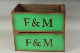 A PAIR OF F&M WOODEN BOXES with tin liners. 16ins long, 9ins wide.