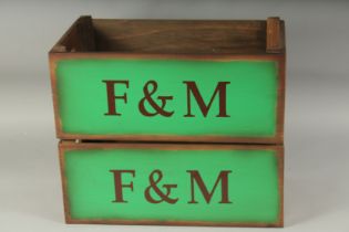 A PAIR OF F&M WOODEN BOXES with tin liners. 16ins long, 9ins wide.