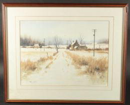 Chris Slater, 'Hard Winter', a Winter scene with houses, watercolour, signed, label verso, 14.5" x