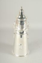 A SILVER PLATED LIGHTHOUSE COCKTAIL SHAKER. 14ins high.