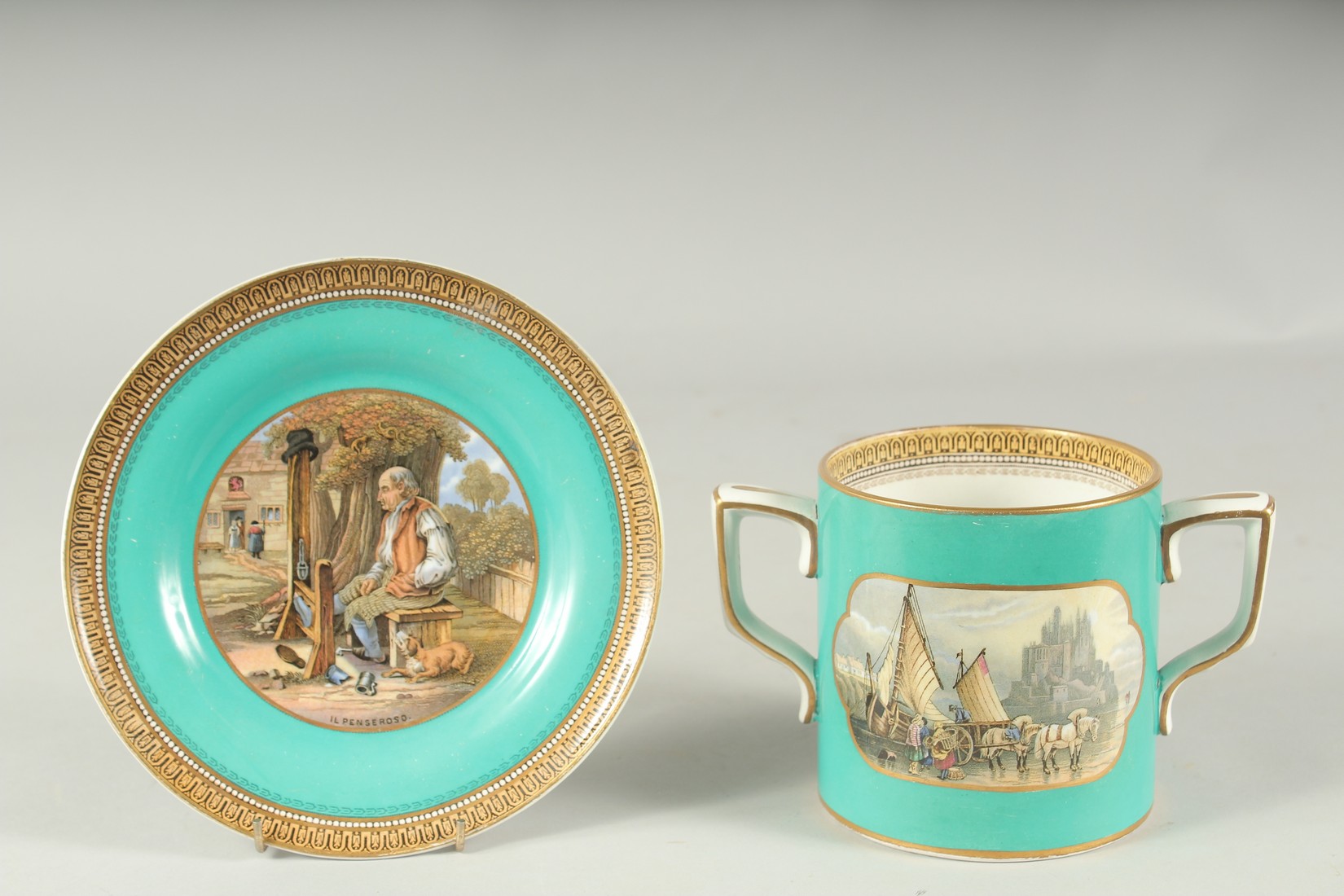 A PRATT WARE TWO HANDLED MUG AND A PLATE, Il Penseroso, 2ins high (2).