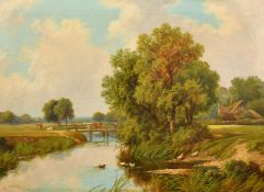 Robert Fenson, (Henry Maidment) (fl. 1889-1914) British, A river landscape with cattle on a bridge