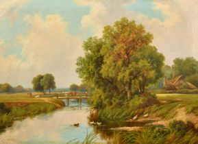 Robert Fenson, (Henry Maidment) (fl. 1889-1914) British, A river landscape with cattle on a bridge