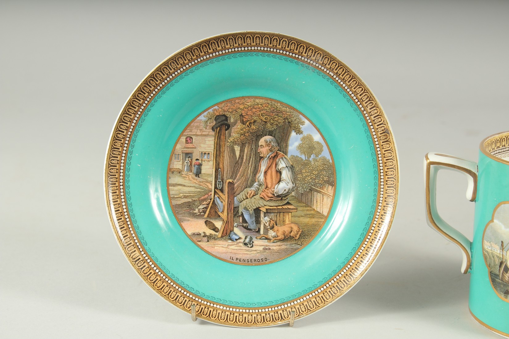 A PRATT WARE TWO HANDLED MUG AND A PLATE, Il Penseroso, 2ins high (2). - Image 2 of 8