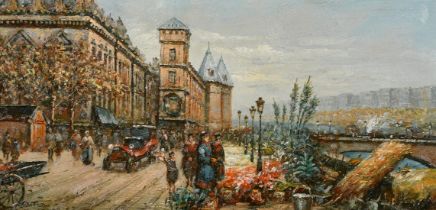 20th Century, A busy street scene with figures and a flower market, oil on panel, indistinctly