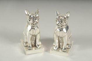 A PAIR OF .800 SILVER PLATED DECO STYLE BULL DOG SALT AND PEPPERS. 7cm high.