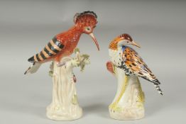 TWO PORCELAIN EXOTIC BIRDS on a tree stump. 8ins & 7.5ins high.