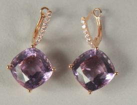 A PAIR OF 18CT GOLD AMETHYST EARRINGS in an R F Jewells box
