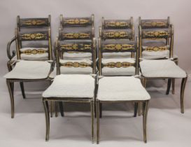 A SET OF TEN REGENCY BLACK JAPANNED AND GILDED DINING CHAIRS, 8 single and 2 carvers with canework