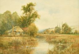 Wiggs Kinnaird (1870-1930) British, An extensive river landscape with a house, ducks on the river