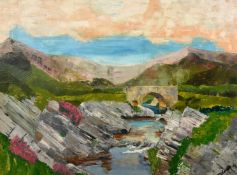 T.W. Glover. 'Strath Kildonan', a landscape view with a stream, bridge and mountains beyond, oil