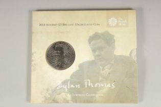 THE ROYAL MINT. DYLAN THOMAS, 2014, ALDERNEY £5.00, BRILLIANT UNCIRCULATED COIN on a card.