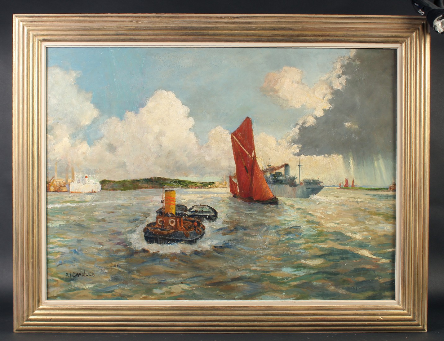 A.I. Charles (20th Century) A tug boat towing two barges, a sailing ship and a naval vessel off the - Image 2 of 5