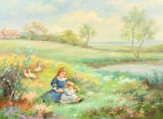 Richard Moore, 20th Century. Girls collecting wildflowers, oil on canvas. Signed, 18" x 24" (46 x