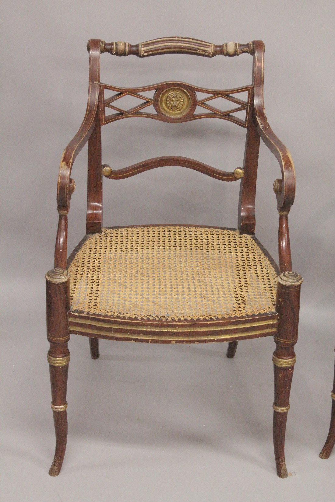 A GOOD PAIR OF REGENCY THOMAS HOPE DESIGN BLACK JAPANNED AND GILDED ARM CHAIRS with rope back, - Image 2 of 6