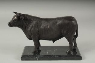 A BRONZE STANDING BULL on a marble base. 9ins long.