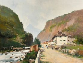 Eugene Galien-Laloue (1854-1941) French. Figures on a roadway beside a mountain river, oil on