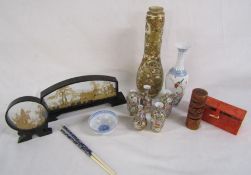 Collection of Oriental ware including Satsuma vase (damaged) soapstone "David" stamp, chop sticks,