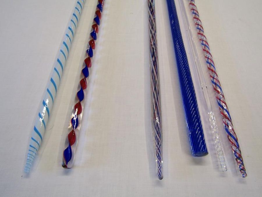 6 glass walking canes - clear glass with red and blue spiralling edged in red, clear glass with red, - Image 2 of 5