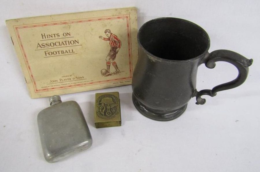 James Yates pewter tankard, small hip flask, John Players & Son cigarette card album hints on