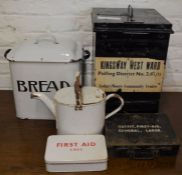 Election ballot box, enamel bread bin, watering can & vintage First Aid tins with contents
