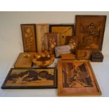 Various inlaid panels & boxes & a turned wooden bowl