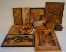 Various inlaid panels & boxes & a turned wooden bowl