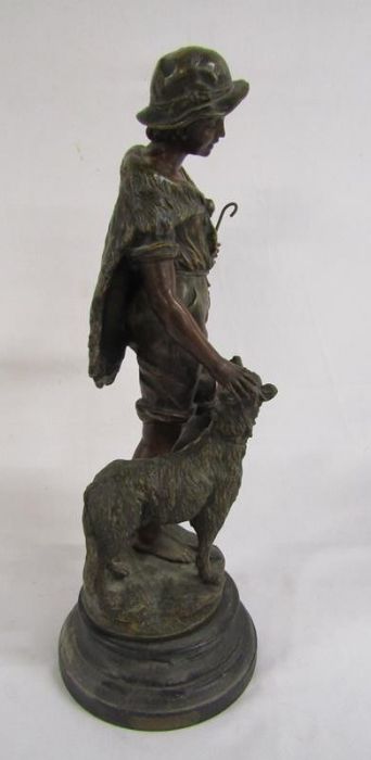 Bronze effect spelter figure on wooden base depicting shepherd boy and his dog - signed F Moreau - Image 6 of 8