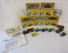 5 boxed Vanguard cars, loose cars including a red Dinky truck and trailer and a Springside model