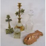 Brass candlestick, brass and marble candlestick with flower decoration, decanter, ink well and
