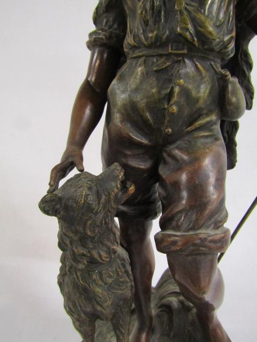Bronze effect spelter figure on wooden base depicting shepherd boy and his dog - signed F Moreau - Image 3 of 8