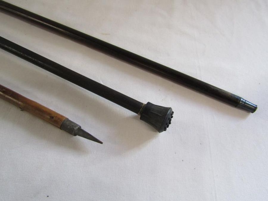 3 walking canes - wooden with stick badges, shaped horn handle and yellow metal collar and rounded - Image 2 of 8