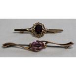 Two 9ct gold & amethyst bar brooches 5.4g