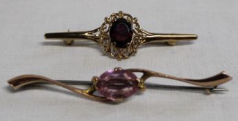 Two 9ct gold & amethyst bar brooches 5.4g