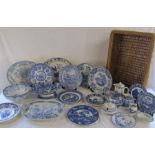 Collection of blue and white table ware includes Spode, Minton etc together with a wicker basket