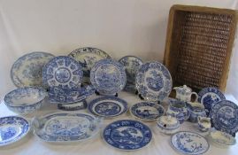Collection of blue and white table ware includes Spode, Minton etc together with a wicker basket