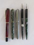 Collection of 5 fountain pens includes Burnham and Esterbrook